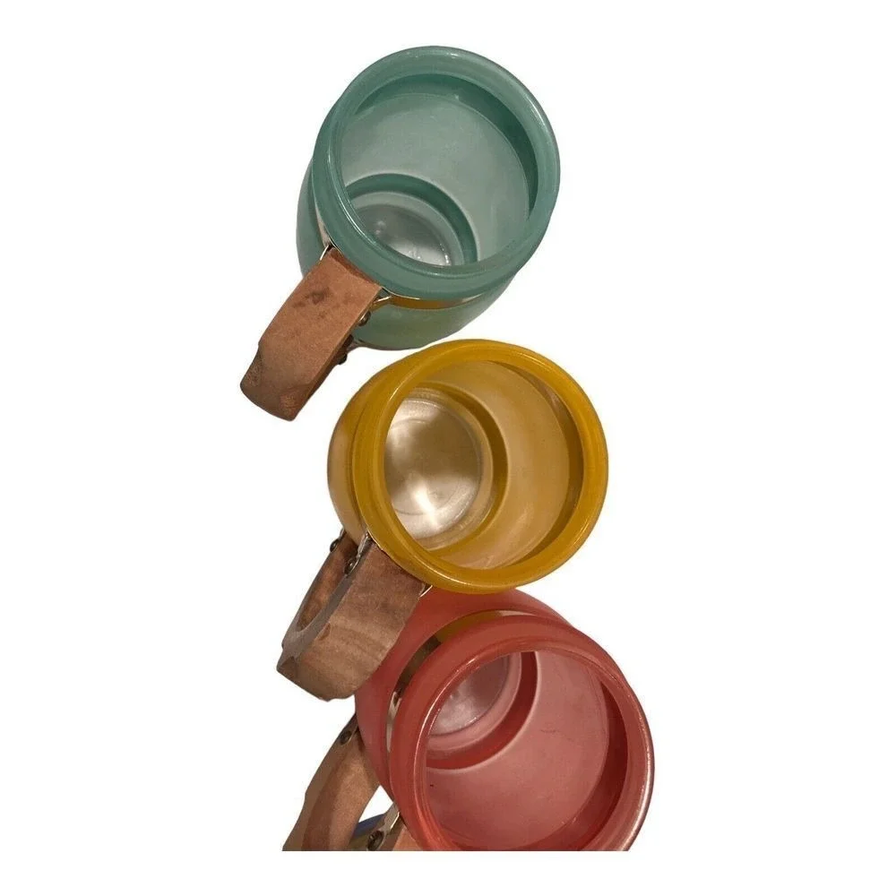 Siesta Ware Banded Barrel Pastel Frosted Glass Wood Handle‎ Mug Lot of 4